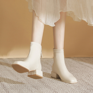 切尔西短靴女2023新款春秋单靴马丁靴粗跟短靴法式白色网红瘦瘦靴