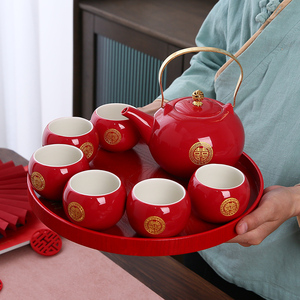 中式订婚红色新娘改口敬茶杯提梁茶壶托盘结婚庆功夫茶具套装礼盒