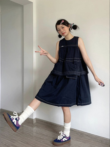 KSKM藏青色无袖连衣裙女夏季新款美式复古高级设计感小众吊带裙子