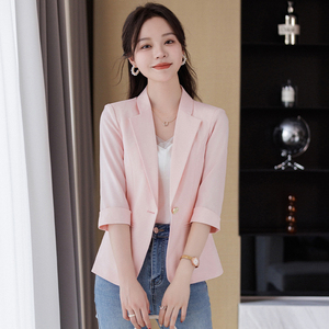 薄款粉色西装外套女春夏韩版修身显瘦七分袖小个子短款雪纺小西服
