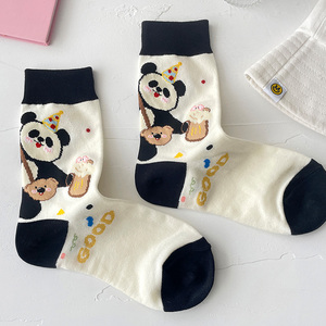 韩版后跟熊猫插画袜子女可爱中筒袜春季卡通甜美女士棉袜ins长袜