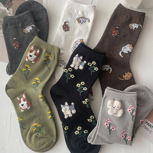 韩国狗狗猫咪卡通动漫袜子女提花棉袜可爱动物甜美女生潮流中筒袜