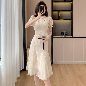 中式哺乳连衣裙夏季蕾丝刺绣超仙旗袍辣妈款外出显瘦中长裙喂奶服