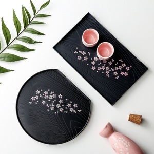 日本樱花纹托盘长方形圆形塑料仿木纹日式家用茶盘茶杯盘果盘