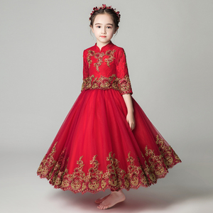 儿童晚礼服婚纱公主裙长袖款酒红色钢琴表演服小花童蓬蓬裙高端季
