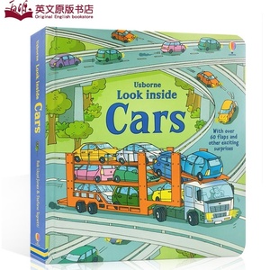 英文原版Usborne Look Inside Cars 酷炫的车子揭秘偷偷看里面系列 纸板书翻翻书 4-6-8岁儿童汽车百科科普绘本机械科学知识