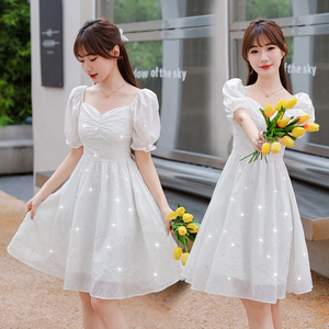 夏季新款法式超仙白色方领雪纺连衣裙女设计感小众蛋糕蓬蓬A子裙