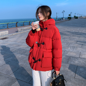 韩国东大门红色羽绒棉服女秋冬季中长款牛角扣加厚面包服棉袄外套