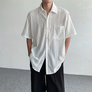 日系复古镂空短袖衬衫男夏季港风ins潮流宽松小众设计感纯色衬衣