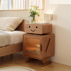 机器人床头柜原木色简约现代卧室胡桃木儿童床边柜客厅创意储物柜