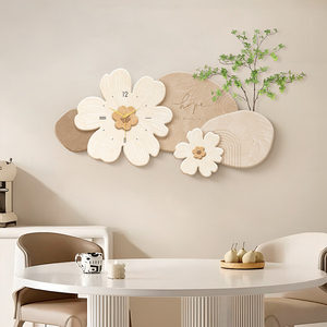 奶油侘寂风餐厅装饰画带钟表抽象花卉壁画石来运转客厅背景墙挂画