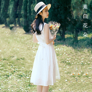 小个子裙子夏季连衣裙女超仙学生森系白色无袖文艺清新仙女裙白裙