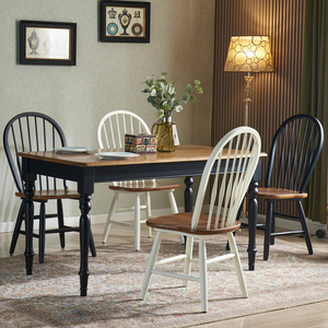 全实木美式法式复古餐桌长方形简约小户型胡桃色家用原木饭桌黑色