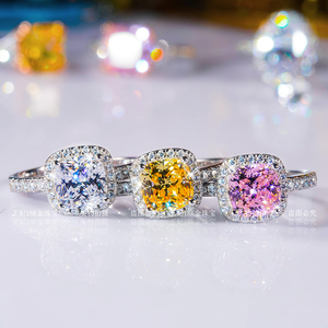 铂金围钻戒指纯银莫桑石仿真黄钻粉钻宝石戒指粉钻戒指方钻莫桑钻