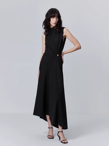 Fabrique2024新款羊毛混纺捏褶不对称无袖修身赫本风黑色连衣裙女