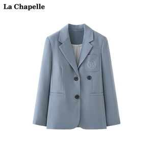 拉夏贝尔/La Chapelle翻领三粒扣口袋刺绣西装外套女通勤宽松西服