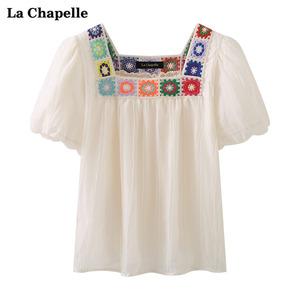 拉夏贝尔/La Chapelle民族风方领小花刺绣短袖小衫女宽松白色上衣
