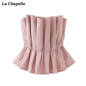 拉夏贝尔/La Chapelle春季吊带小背心风琴褶皱性感短款修身上衣