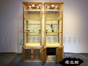 北方中式老榆木珠宝展示柜首饰展柜瓷器茶具货纯实木玻璃射灯柜台