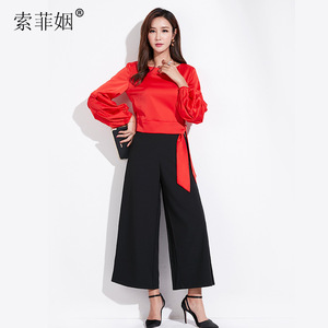 2019春季韩版新款女装长袖纯色圆领宽松上衣系带灯笼袖衬衫