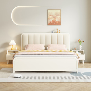奶油风双人实木床1.8米榉木主卧室软包靠背婚床高箱北欧现代极简