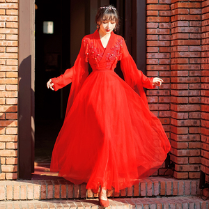 改良汉服女长袖红色中国风古装襦裙仙气古风茶卡盐湖沙漠旅游红裙