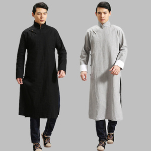 中国风秋季唐装复古棉麻长衫男民国服装亚麻中式长袍子相声演出服