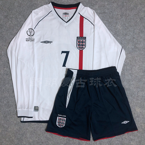 02世界杯英格兰主场7号贝克汉姆欧文长短袖复古足球训练服套装男