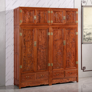 中式雕花卧室大衣柜实木顶箱柜组合家具 4门整装双层柜储物柜仿古