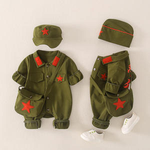 男宝宝国粹衣服女婴儿网红军装三件套春季工装连体衣小红军套装潮