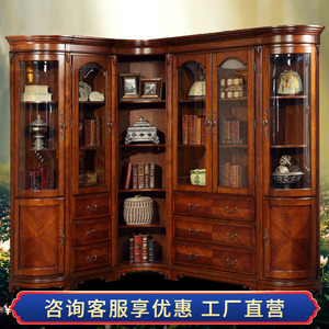 订制美式组合书柜 带玻璃门书橱 欧式高档老板办公室实木转角书柜