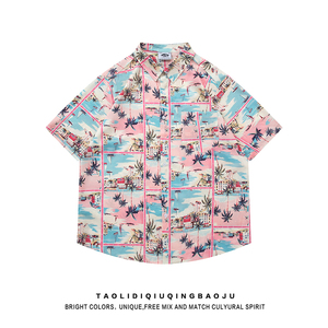 夏威夷海岛风椰树满印短袖衬衫女夏季休闲宽松情侣薄款沙滩花衬衣
