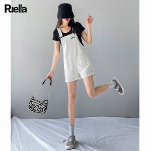 拉夏贝尔Puella设计感减龄背带牛仔短裤女时尚高腰显瘦卷边连体裤