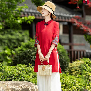 复古中国民族风刺绣棉麻衬衫上衣女设计感小众夏季衬衣2024年新款