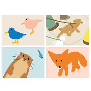 可爱韩国海报粉蓝小鸟和小狗散步儿童房装饰画打印画芯背胶贴画