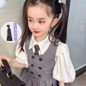 韩国童装女童2022春款学院风套装小女孩时尚泡泡袖衬衫马甲半身裙