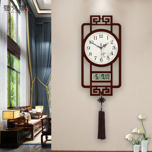 新中式挂钟客厅家用免打孔日历挂墙时钟表大气简约时尚静音石英钟