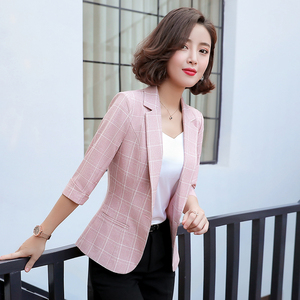 粉色格子西装外套女韩版2022新款春夏中袖休闲修身显瘦小西服短款
