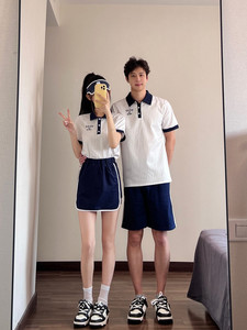 运动休闲高尔夫网球服套装女夏季学生班服polo衫短裙两件套情侣装