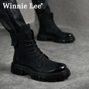 Winnie Lee马丁靴男中帮复古短靴厚底增高拉链黑色时尚百搭潮鞋男