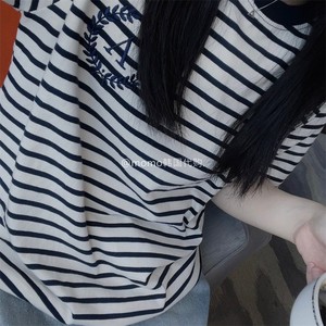 GlowApproach/WOOA2024春新款 韩国 刺绣条纹短袖t恤