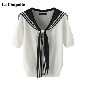 拉夏贝尔/La Chapelle海军领披肩短袖针织衫女夏季宽松半袖上衣