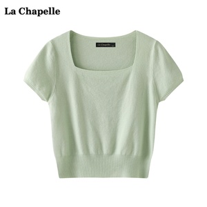 拉夏贝尔/La Chapelle纯色方领短袖针织衫女夏季新款内搭打底上衣