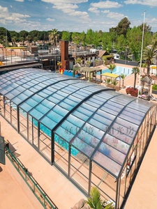 别墅泳池可移动伸缩阳光房顶棚预防违建露台楼顶折叠下沉玻璃屋顶