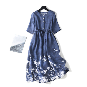 日本日系外贸出口尾单女装印花苎麻连衣裙收腰系带显瘦气质长裙子