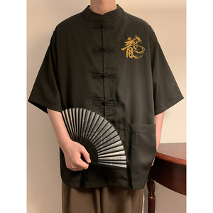 青年唐装中国风龙纹刺绣冰丝短袖衬衫男新中式汉服宽松禅茶服外套
