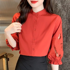 红色刺绣棉布衬衫女设计感小众2024春夏季新款雪纺衬衣七分袖上衣