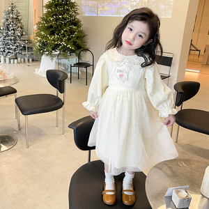 韩国女童连衣裙2024春装新款儿童洋气娃娃领甜美长袖宝宝公主裙子