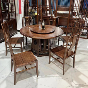 新中式实木餐桌椅 1.8米古典圆形饭桌 乌金木10人会所餐厅大餐台
