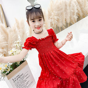 童装红色夏季新款短袖连衣裙圆点女童中大童雪纺儿童网红时髦裙子